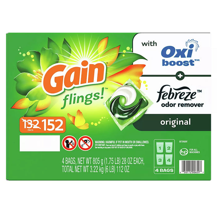 Gain Flings Liquid Laundry Detergent, Original Scent, 152 ct.